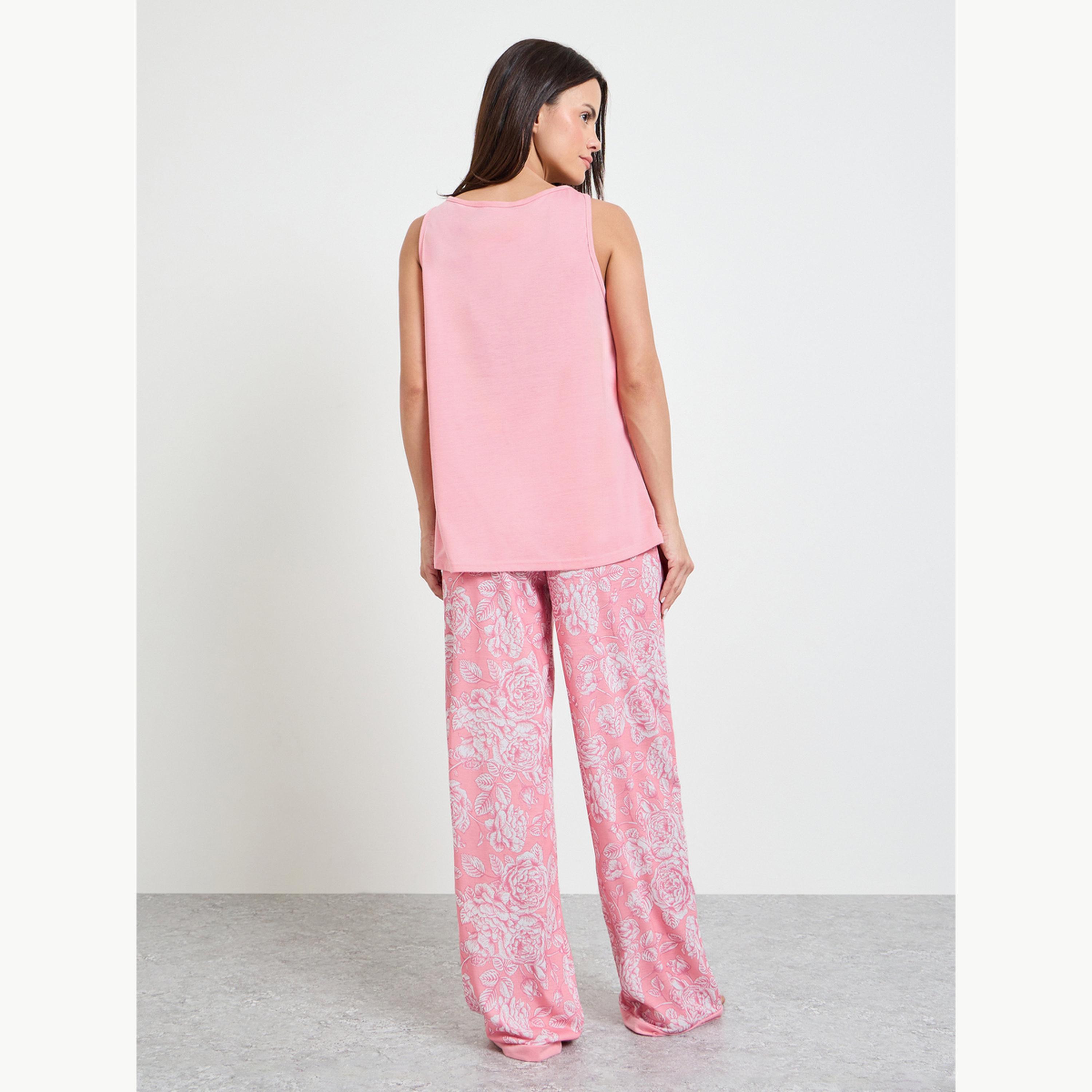 Styli Pink Gathered Swing Cami and Floral Print Pyjama Set-women-clothing-nightwear-pyjamas-longsets-image-4