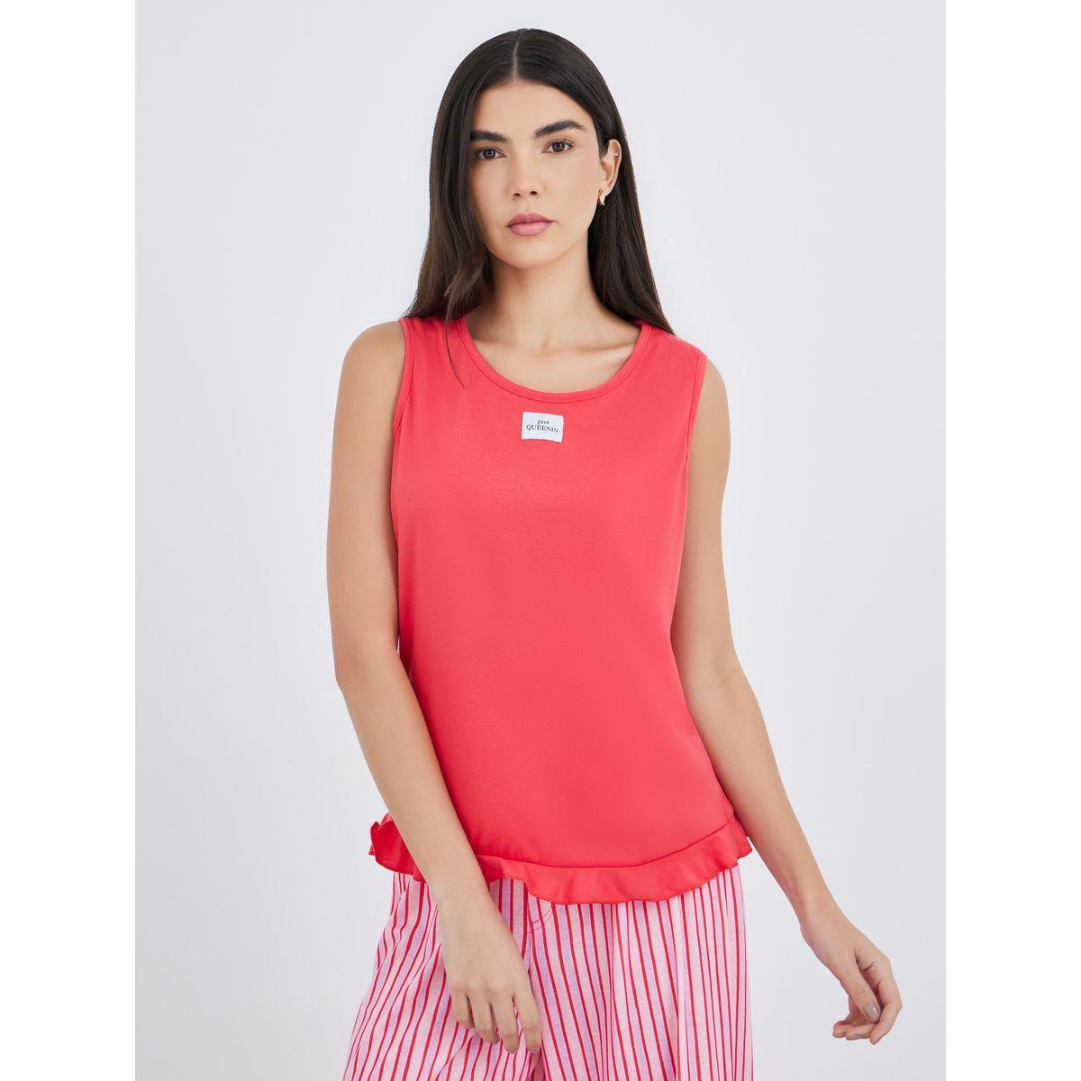 طقم من بنطال بيجاما مخطط وبلوزة بتفاصيل شارة مع حافة كشكش-women-clothing-nightwear-pyjamas-longsets-image-3