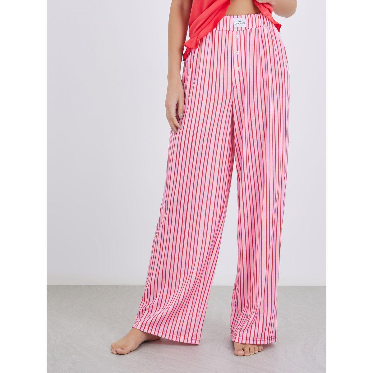 طقم من بنطال بيجاما مخطط وبلوزة بتفاصيل شارة مع حافة كشكش-women-clothing-nightwear-pyjamas-longsets-image-5