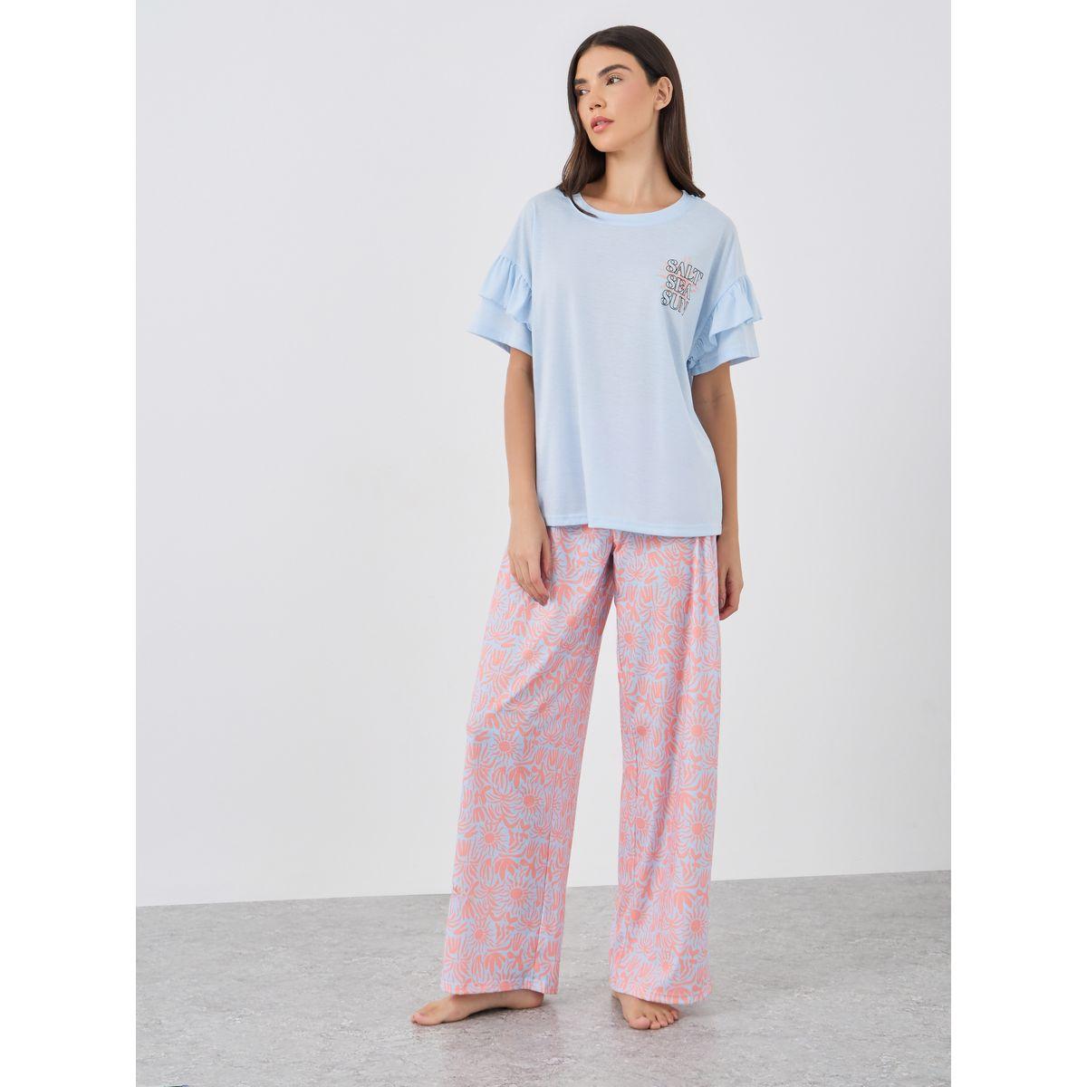 Styli Slogan Print Short Sleeve T-Shirt and Pyjama Set-women-clothing-nightwear-pyjamas-longsets-image-1