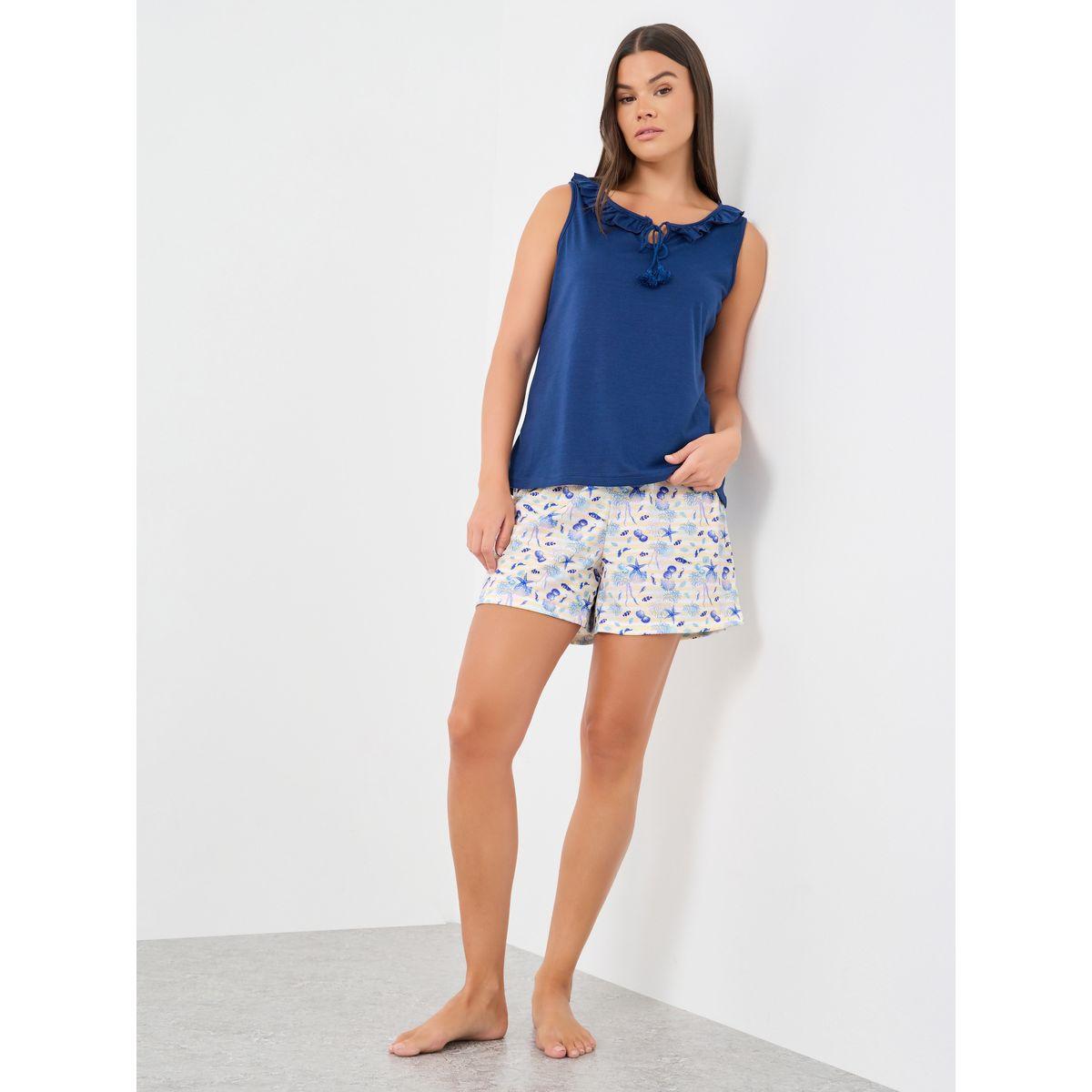 Styli Ruffled Tassel Tie-Up Neck Tank and Shell Print Shorts Set-women-clothing-nightwear-pyjamas-longsets-image-1