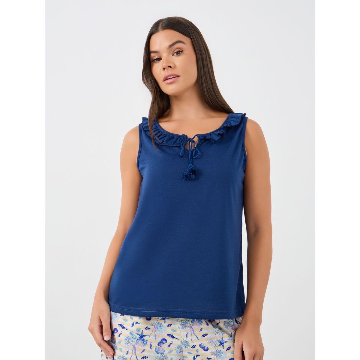 Styli Ruffled Tassel Tie-Up Neck Tank and Shell Print Shorts Set-women-clothing-nightwear-pyjamas-longsets-image-2