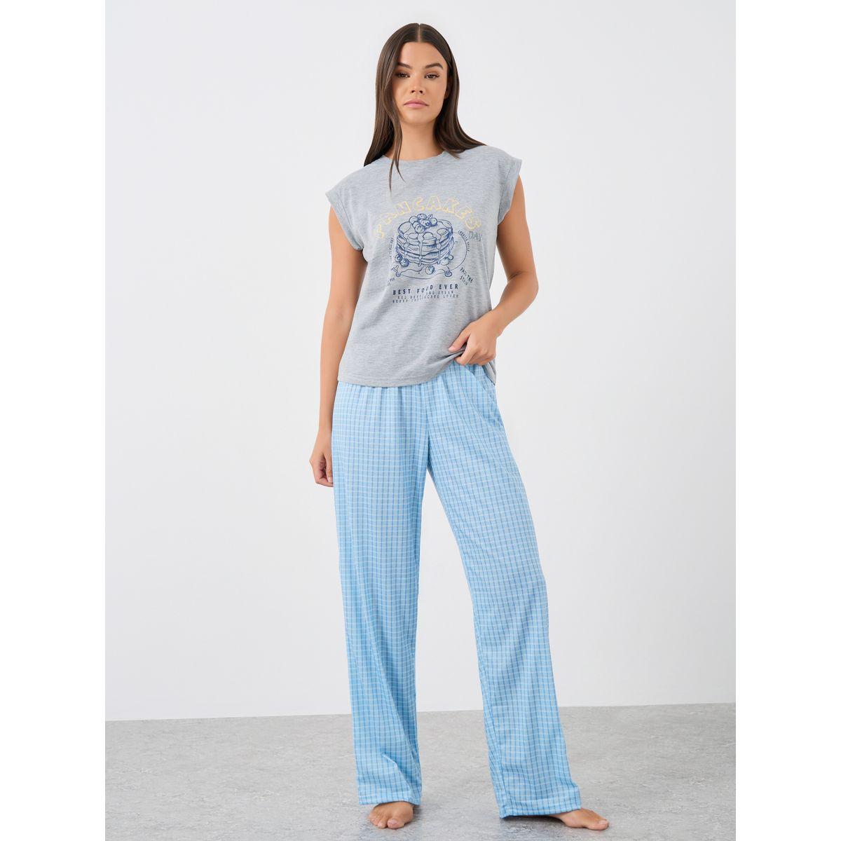 Styli Pancake Graphic Print Tank and Gingham Checked Pyjama Set-women-clothing-nightwear-pyjamas-longsets-image-1