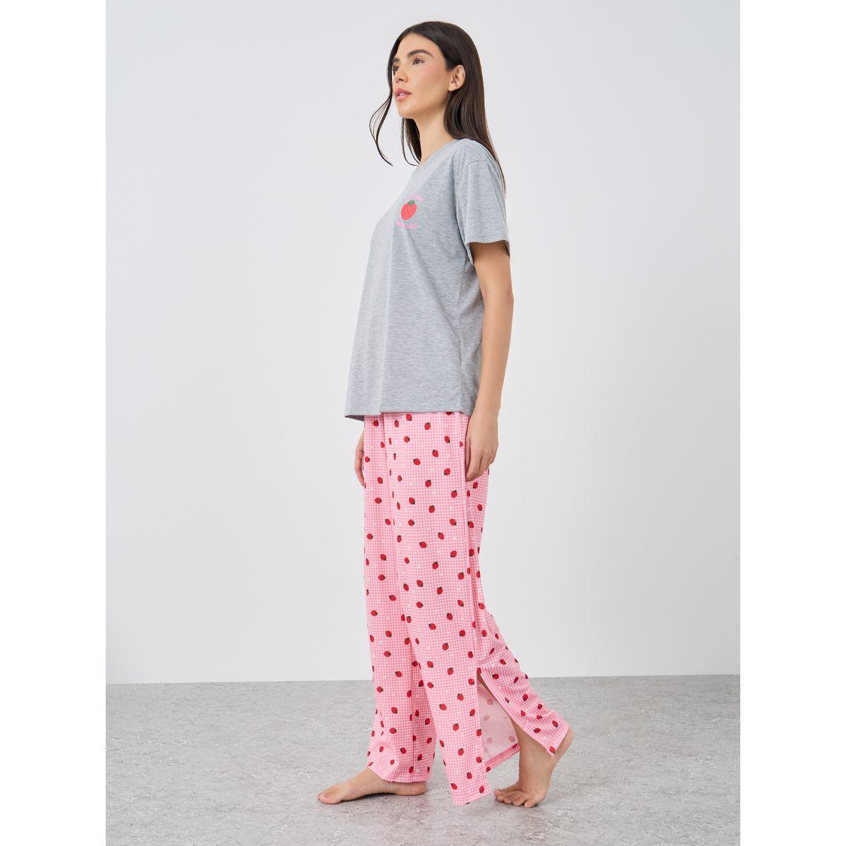 Styli Women Strawberry Print Dropped Shoulder T-Shirt and Side Slit Pyjama Set-women-clothing-nightwear-pyjamas-longsets-image-1