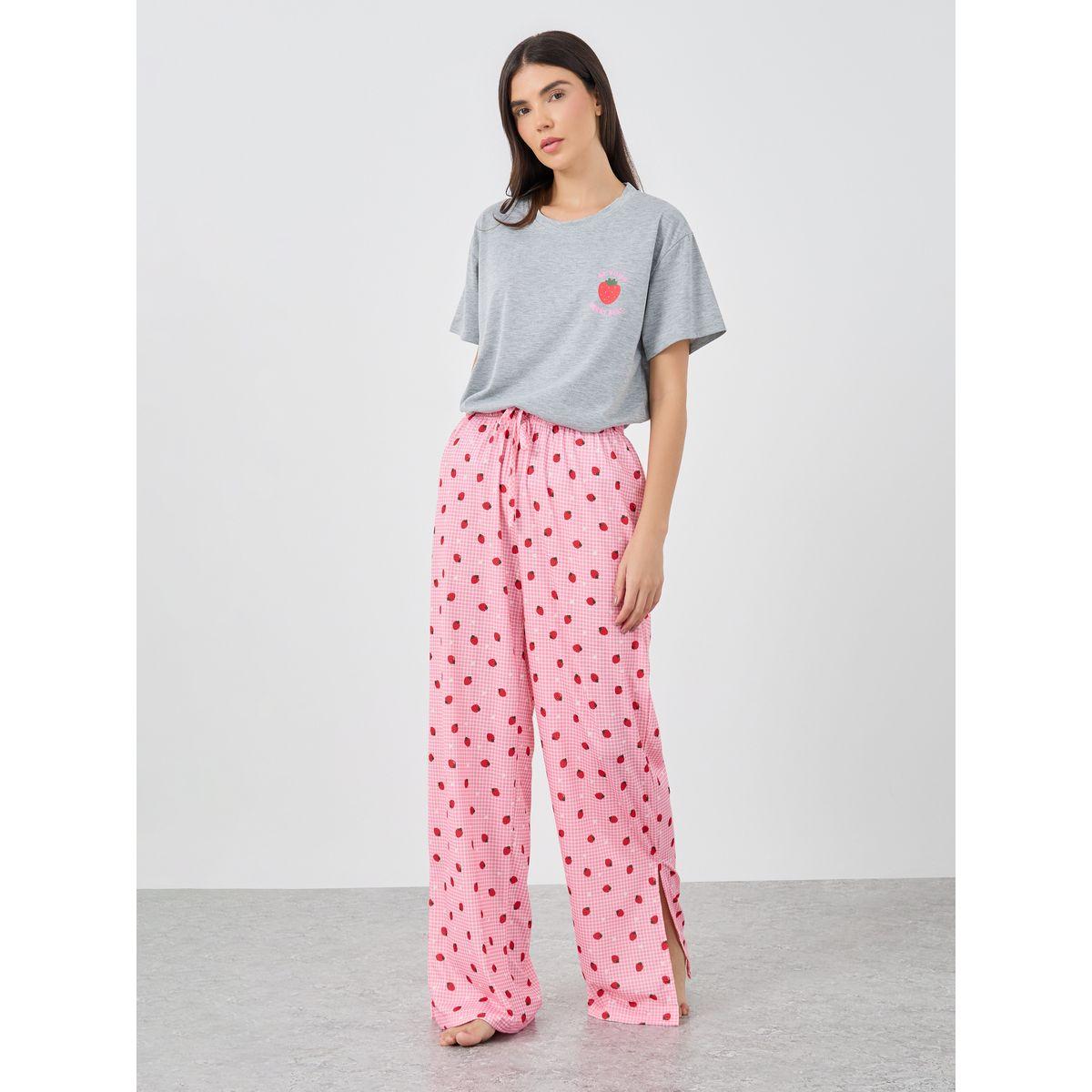 Styli Women Strawberry Print Dropped Shoulder T-Shirt and Side Slit Pyjama Set-women-clothing-nightwear-pyjamas-longsets-image-2