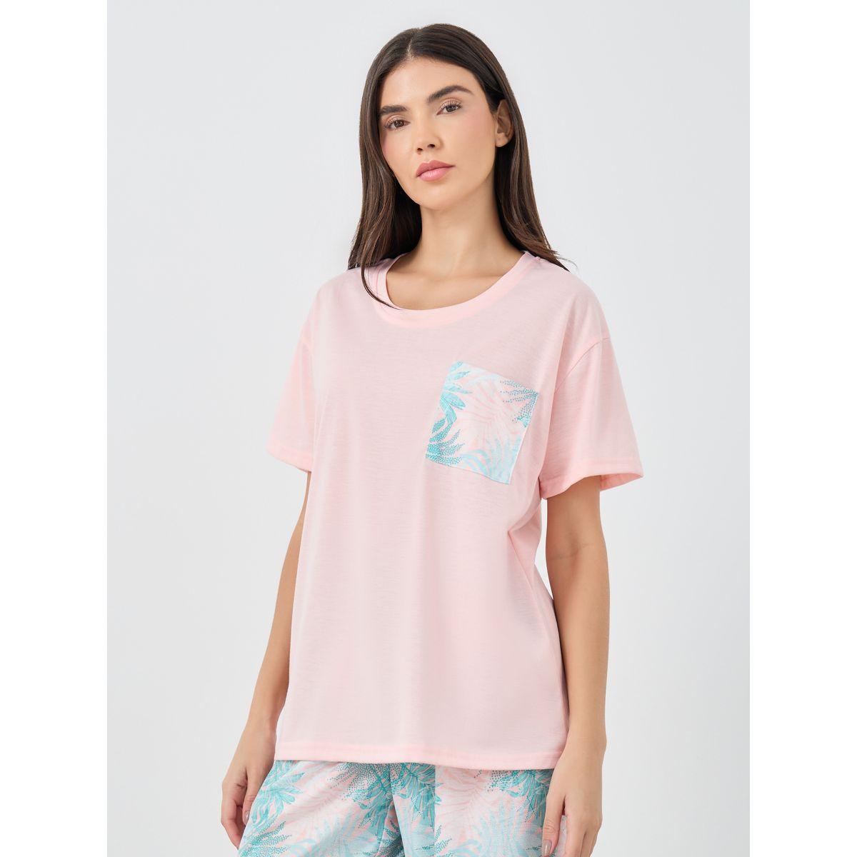 Styli Leafy Palm Print Pocket Detail T-Shirt and Pyjama Set-women-clothing-nightwear-pyjamas-longsets-image-3