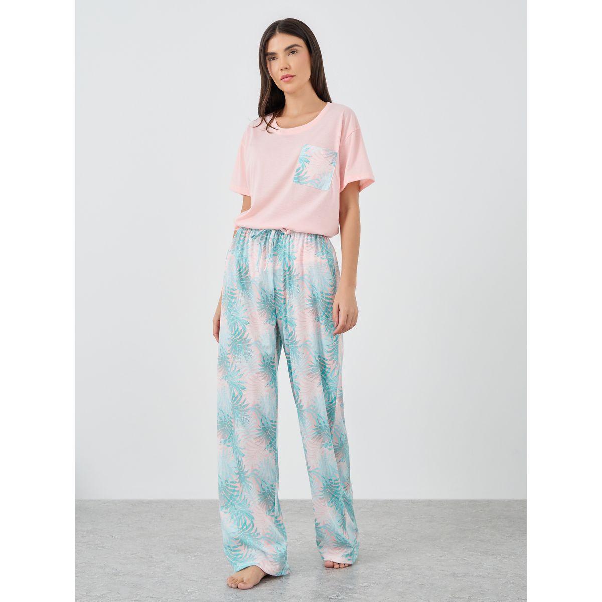 Styli Leafy Palm Print Pocket Detail T-Shirt and Pyjama Set-women-clothing-nightwear-pyjamas-longsets-image-5