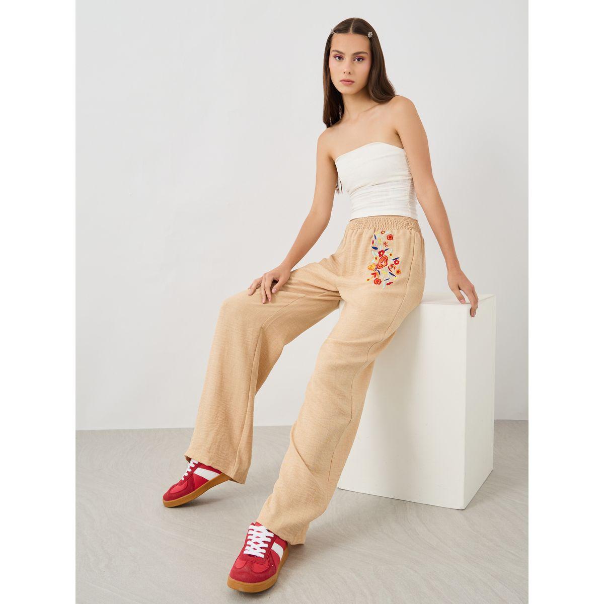 Styli Embroidered Detail Wide Leg Pants with Elasticated Waistband-women-clothing-bottoms-trousers-image-1
