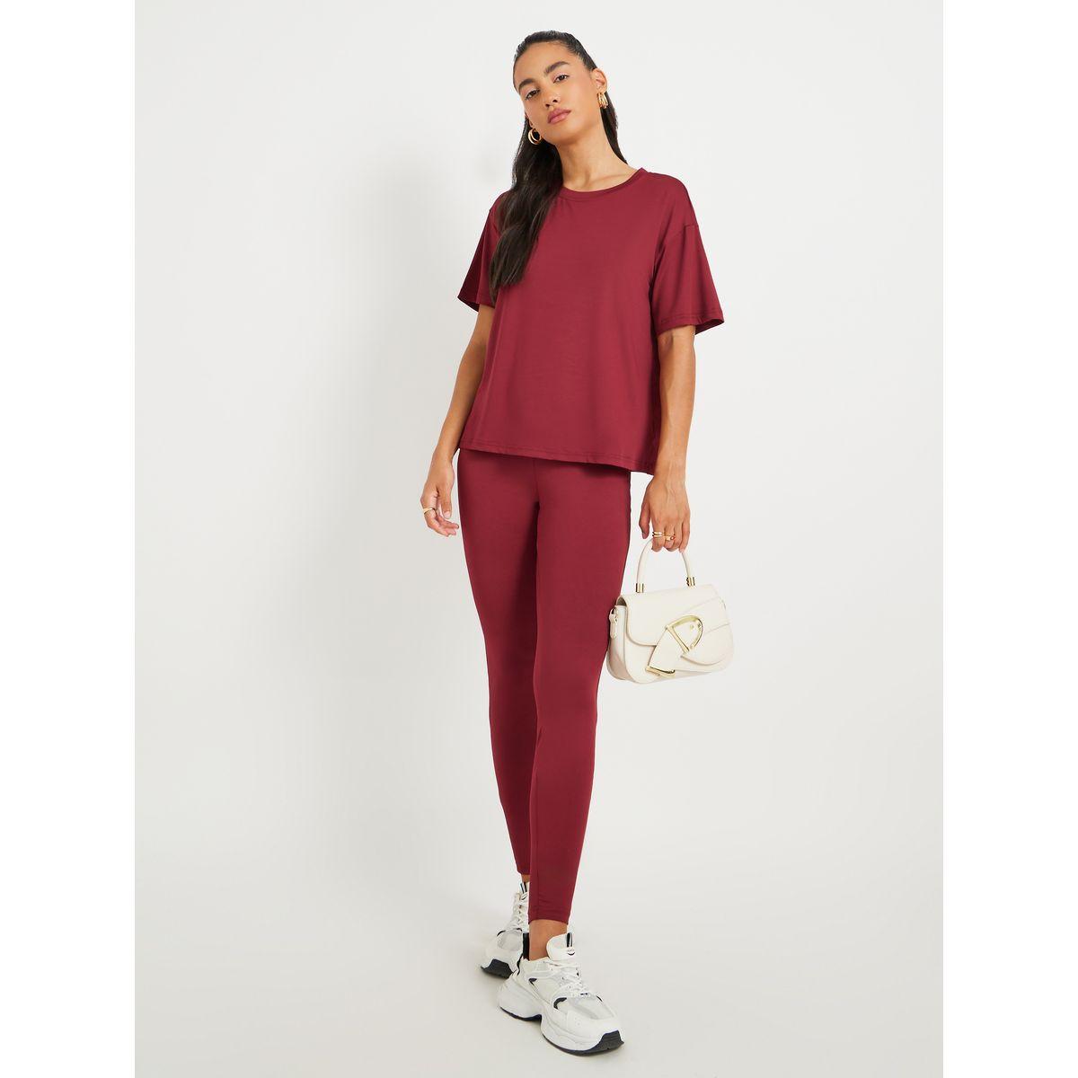 طقم منسق من ليقنز وتيشيرت سادة بأكمام قصيرة-women-clothing-coordsets-image-1