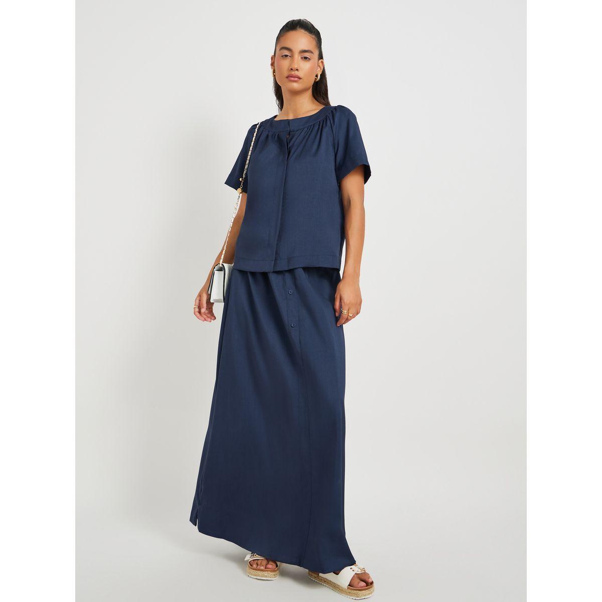 Styli Solid Button Front Short Sleeve Top and Skirt Co-Ords-women-clothing-coordsets-image-1