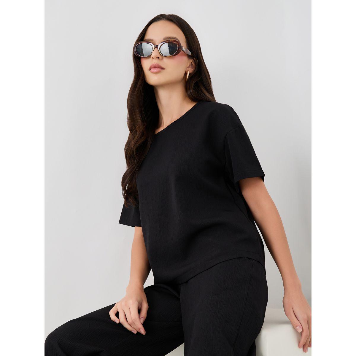 طقم منسق من بنطال وتيشيرت سادة-women-clothing-coordsets-image-1