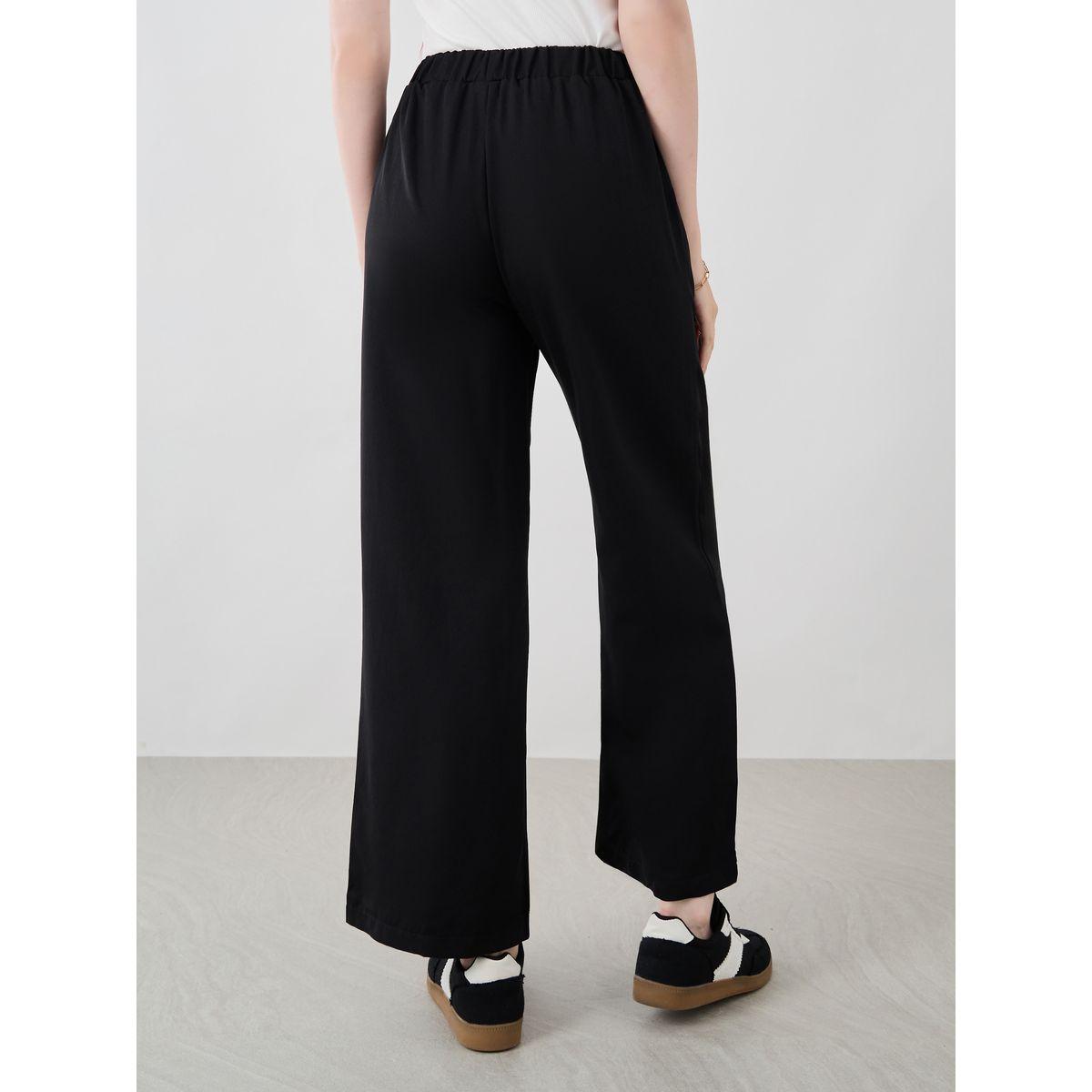 Styli Women Black Solid Wide Leg Pants with Drawstring Waistband-women-clothing-bottoms-trousers-image-4