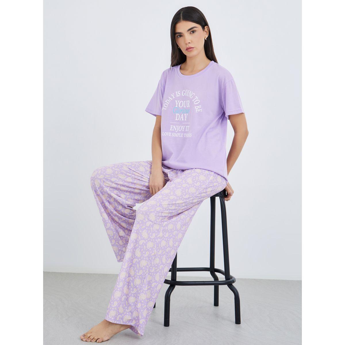 Styli Women Lilac Slogan Print Dropped Shoulder T-Shirt and Paisley Print Pyjama Set-women-clothing-nightwear-pyjamas-longsets-image-1