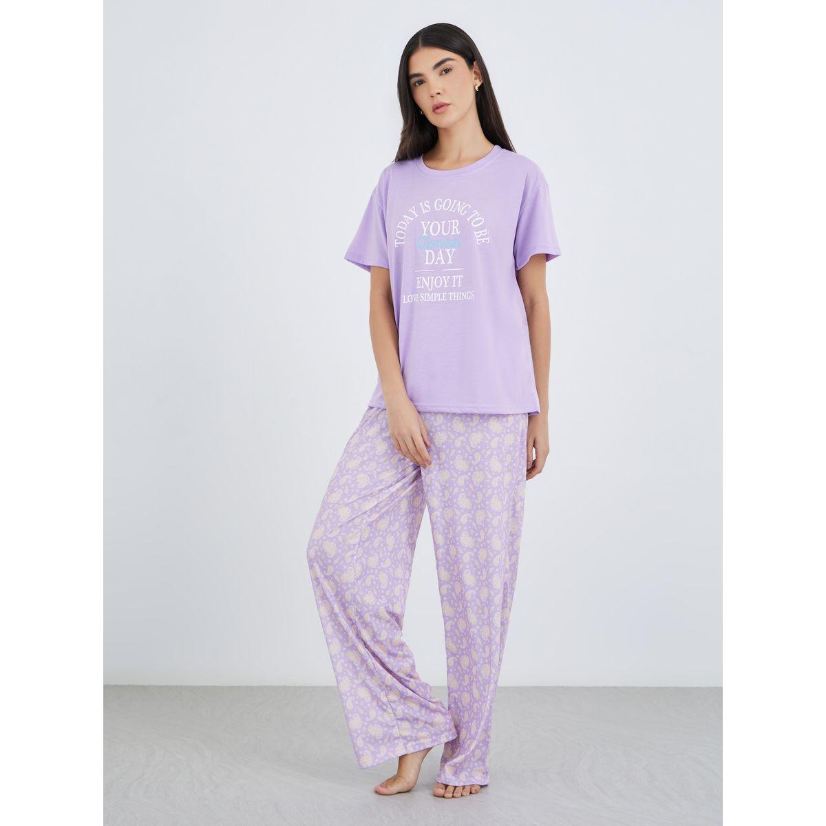 Styli Women Lilac Slogan Print Dropped Shoulder T-Shirt and Paisley Print Pyjama Set-women-clothing-nightwear-pyjamas-longsets-image-2