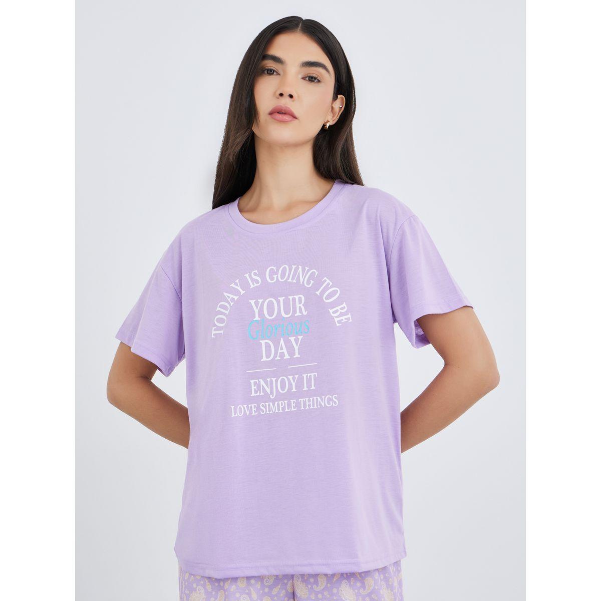 Styli Women Lilac Slogan Print Dropped Shoulder T-Shirt and Paisley Print Pyjama Set-women-clothing-nightwear-pyjamas-longsets-image-3