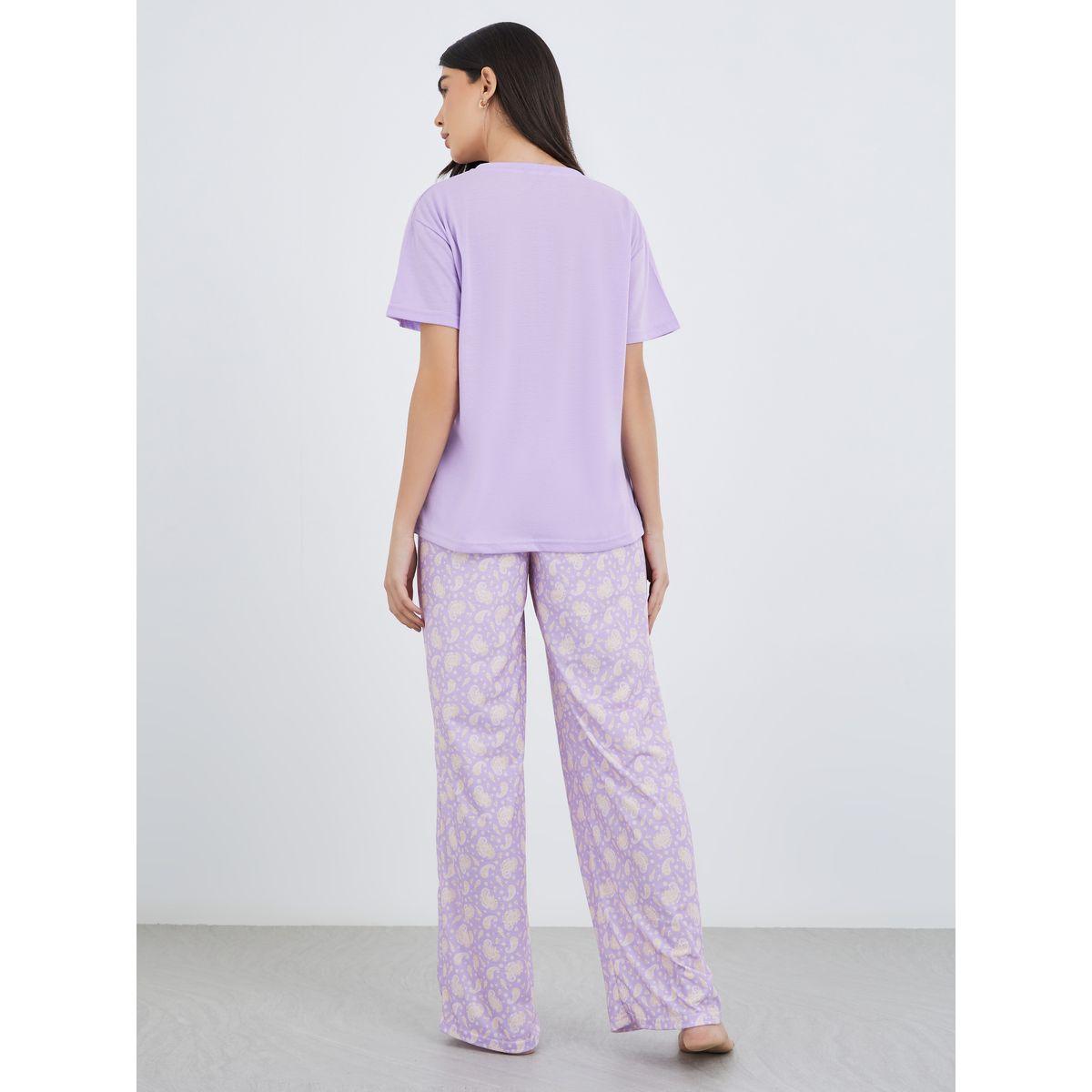 Styli Women Lilac Slogan Print Dropped Shoulder T-Shirt and Paisley Print Pyjama Set-women-clothing-nightwear-pyjamas-longsets-image-6