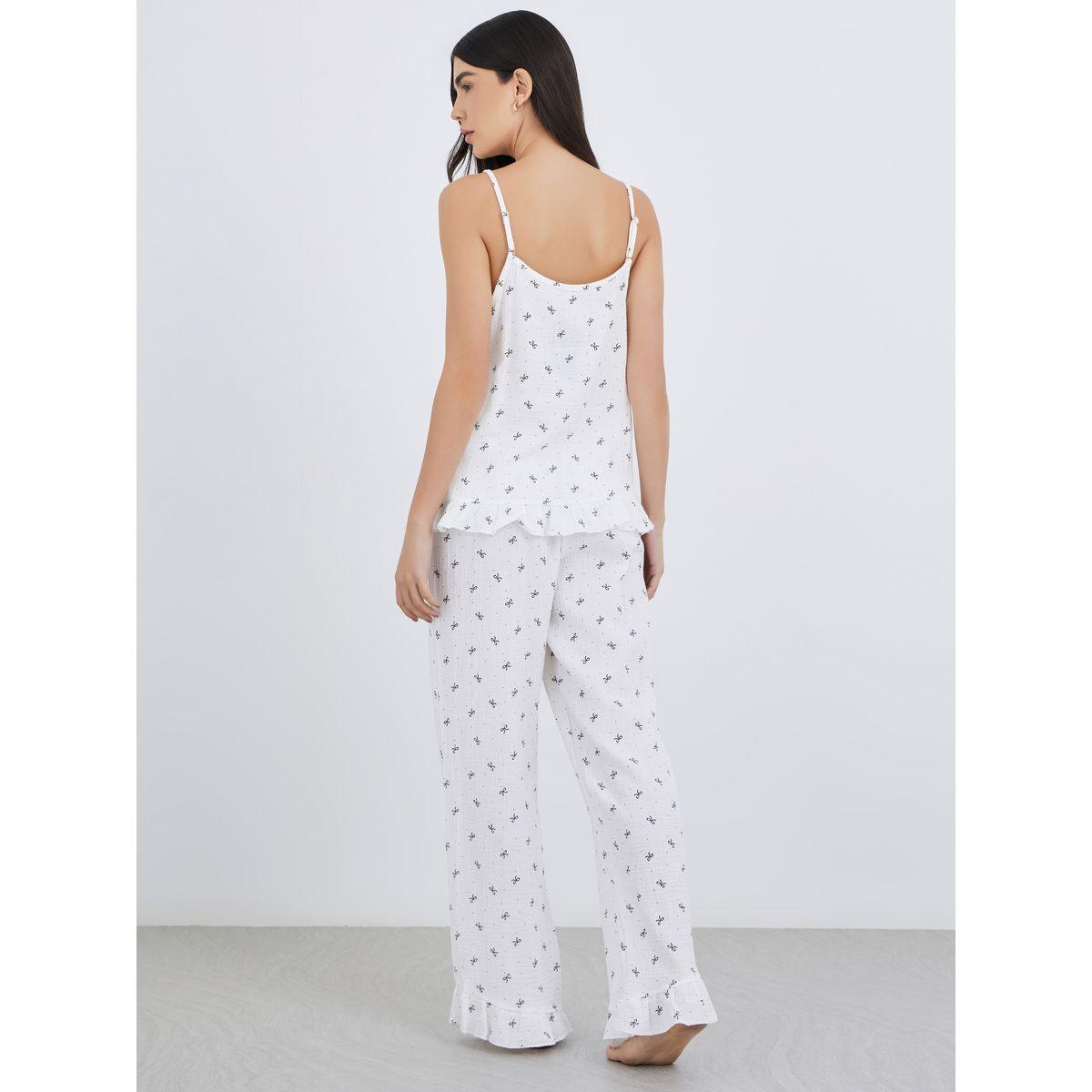 طقم من بنطال بيجاما وبلوزة بطبعة فيونكة مع حافة كشكش-women-clothing-nightwear-pyjamas-longsets-image-5