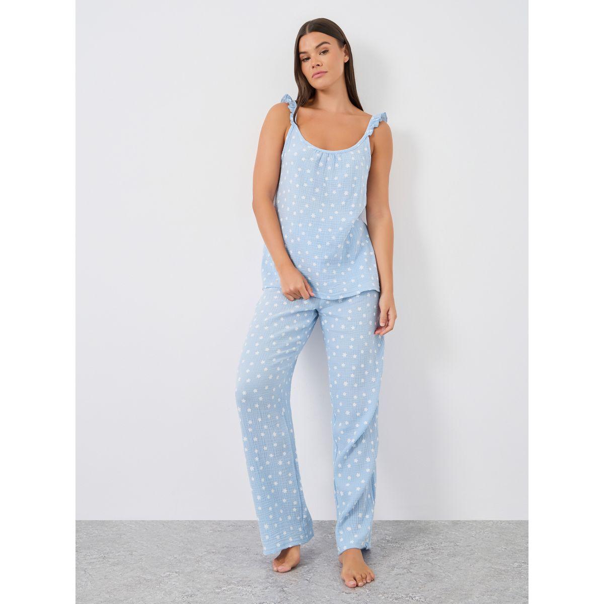 Styli All-Over Daisy Print Cotton Gauze Ruffle Shoulder Cami and Pyjama Set-women-clothing-nightwear-pyjamas-longsets-image-1