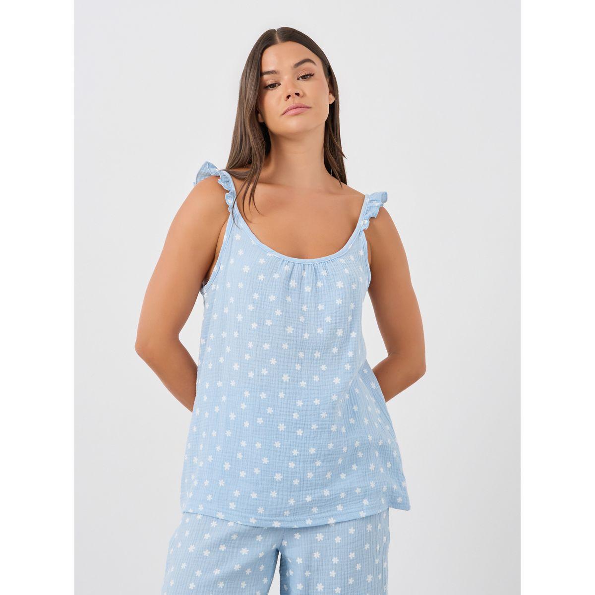 Styli All-Over Daisy Print Cotton Gauze Ruffle Shoulder Cami and Pyjama Set-women-clothing-nightwear-pyjamas-longsets-image-2
