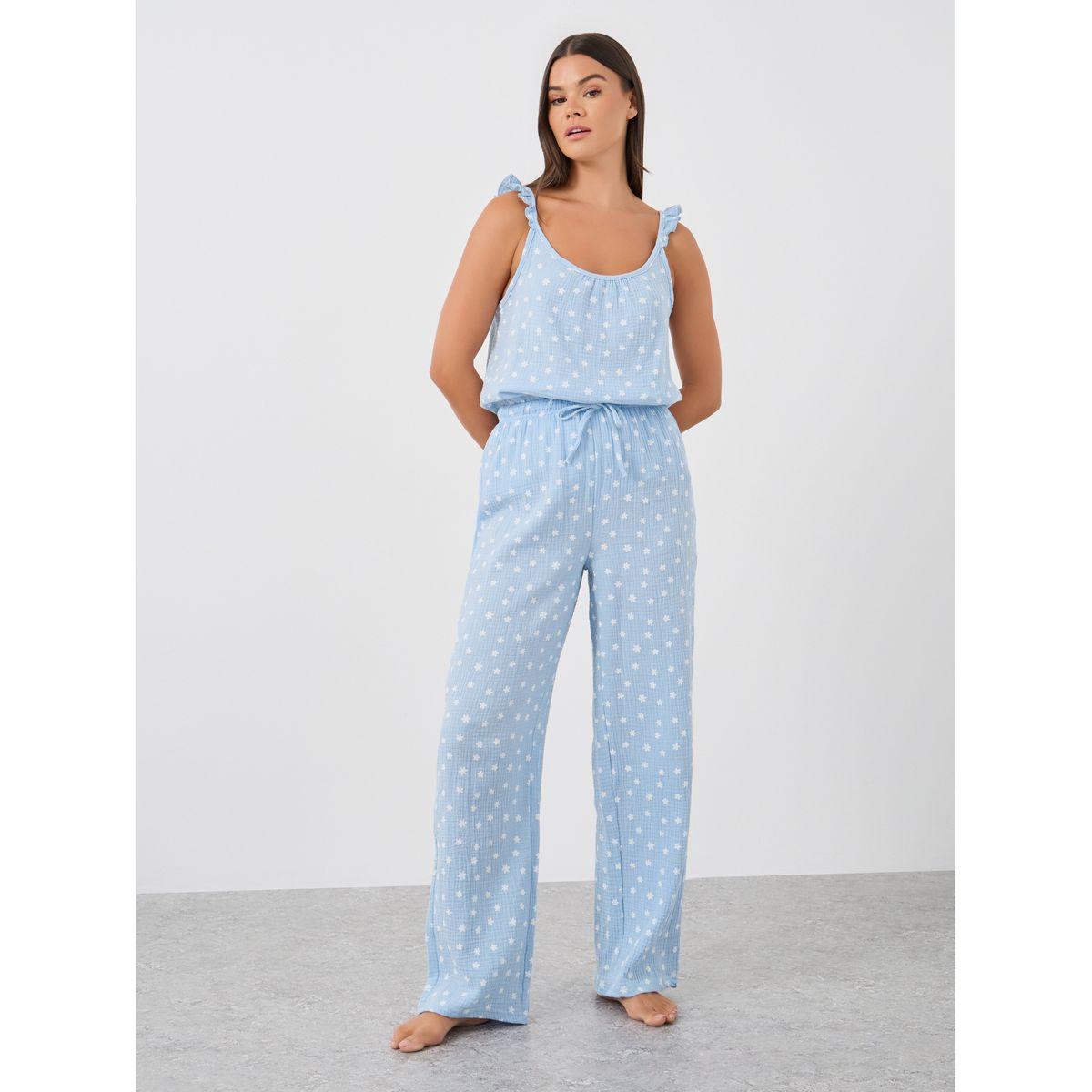Styli All-Over Daisy Print Cotton Gauze Ruffle Shoulder Cami and Pyjama Set-women-clothing-nightwear-pyjamas-longsets-image-3
