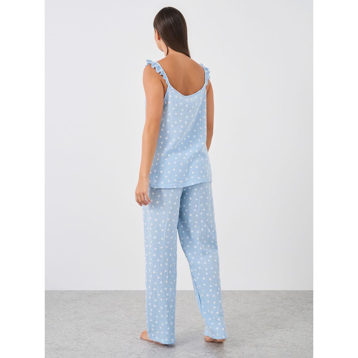 Styli All-Over Daisy Print Cotton Gauze Ruffle Shoulder Cami and Pyjama Set-women-clothing-nightwear-pyjamas-longsets-image-5