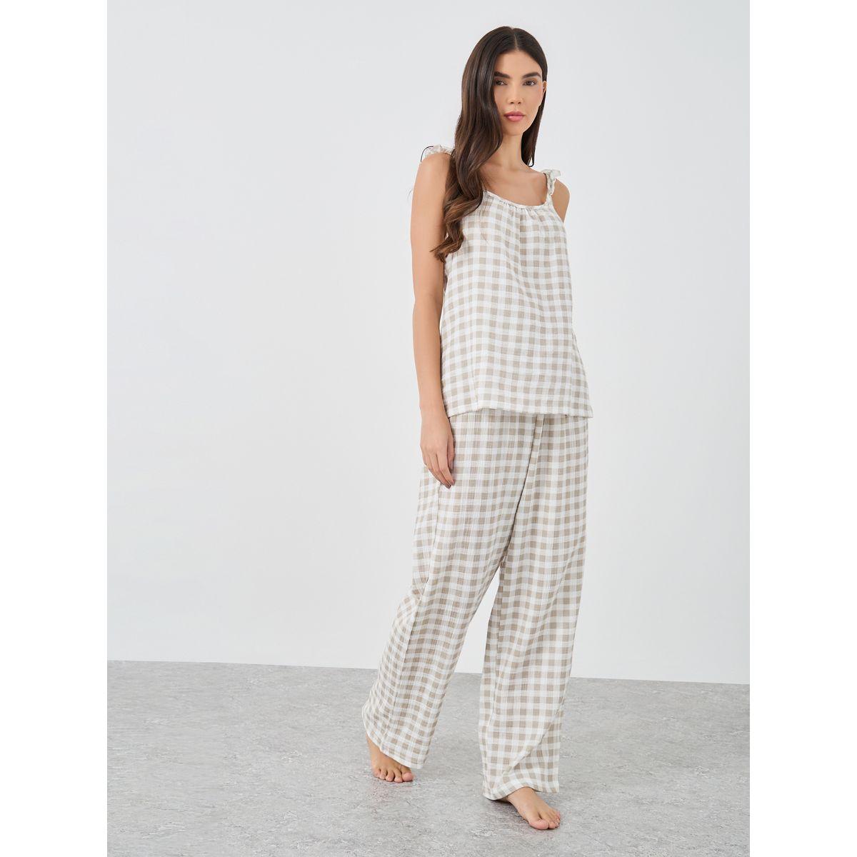 Styli Gingham Cotton Gauze Ruffle Shoulder Cami and Pyjama Set-women-clothing-nightwear-pyjamas-longsets-image-1