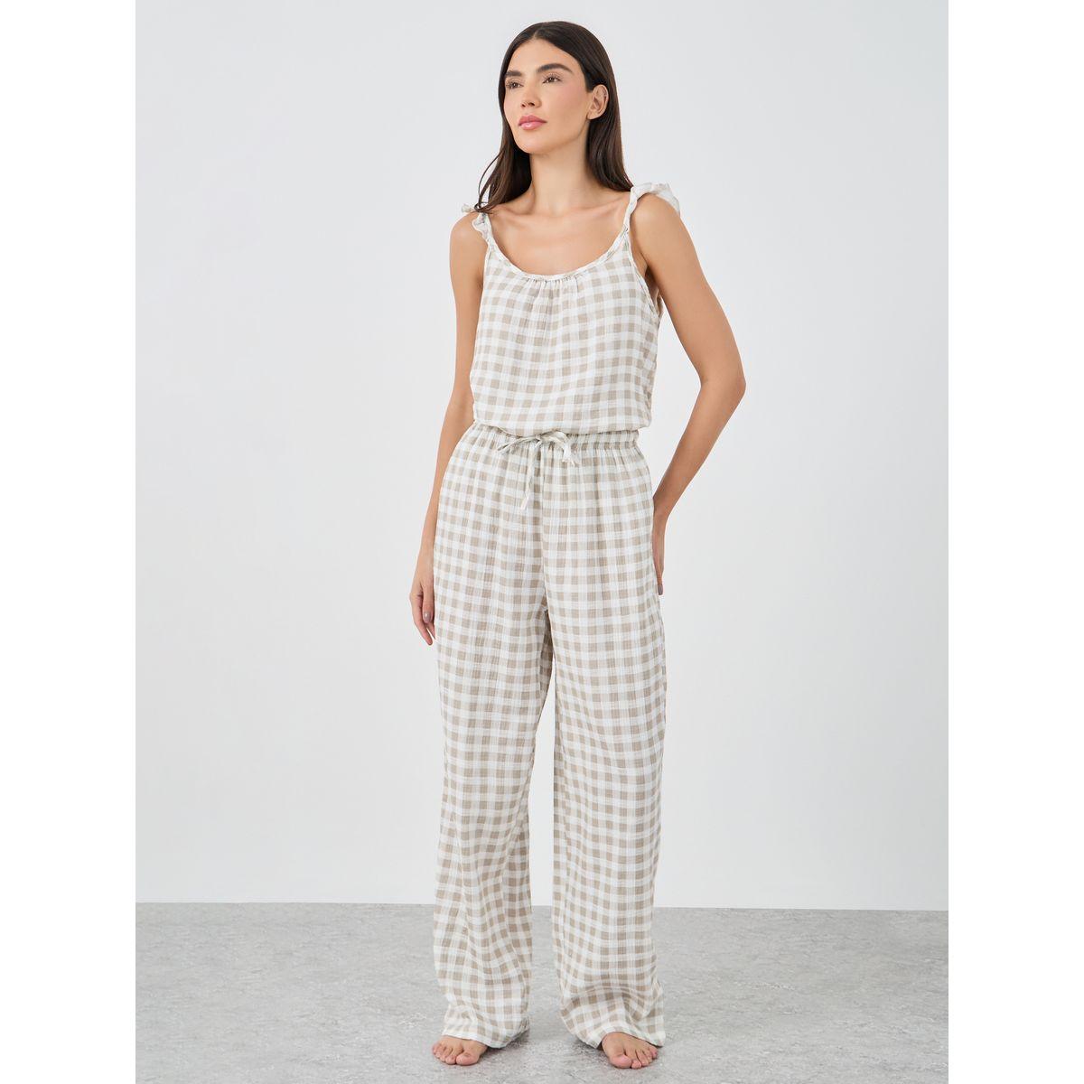Styli Gingham Cotton Gauze Ruffle Shoulder Cami and Pyjama Set-women-clothing-nightwear-pyjamas-longsets-image-2