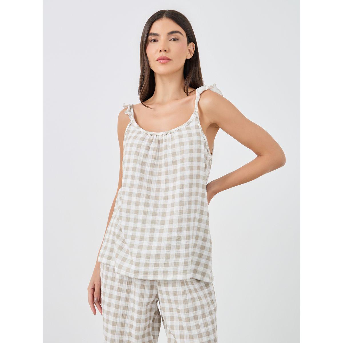Styli Gingham Cotton Gauze Ruffle Shoulder Cami and Pyjama Set-women-clothing-nightwear-pyjamas-longsets-image-3
