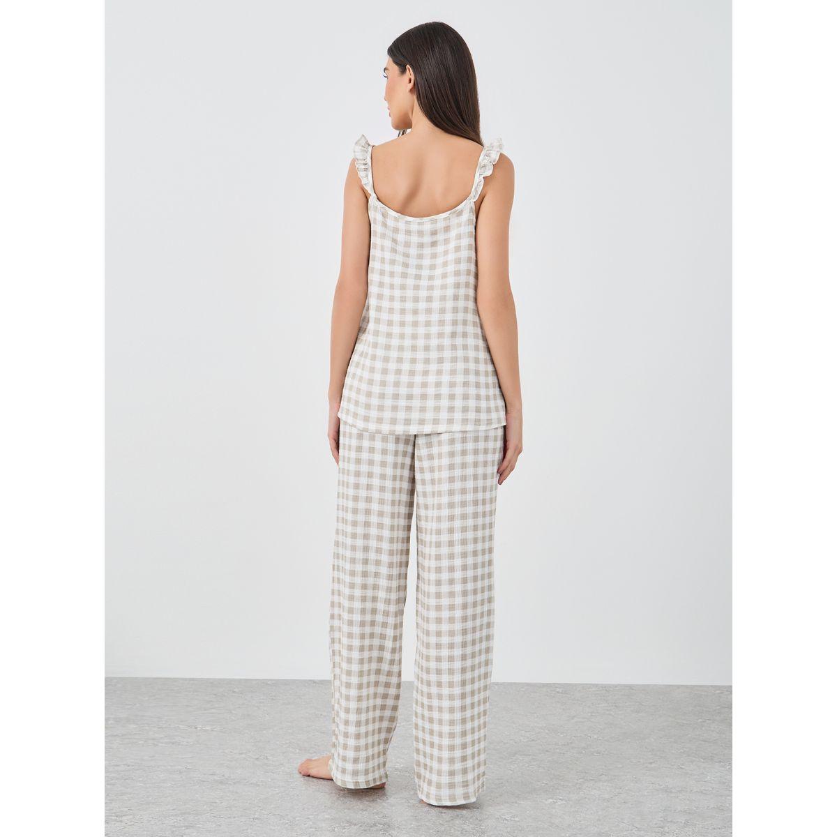 Styli Gingham Cotton Gauze Ruffle Shoulder Cami and Pyjama Set-women-clothing-nightwear-pyjamas-longsets-image-6