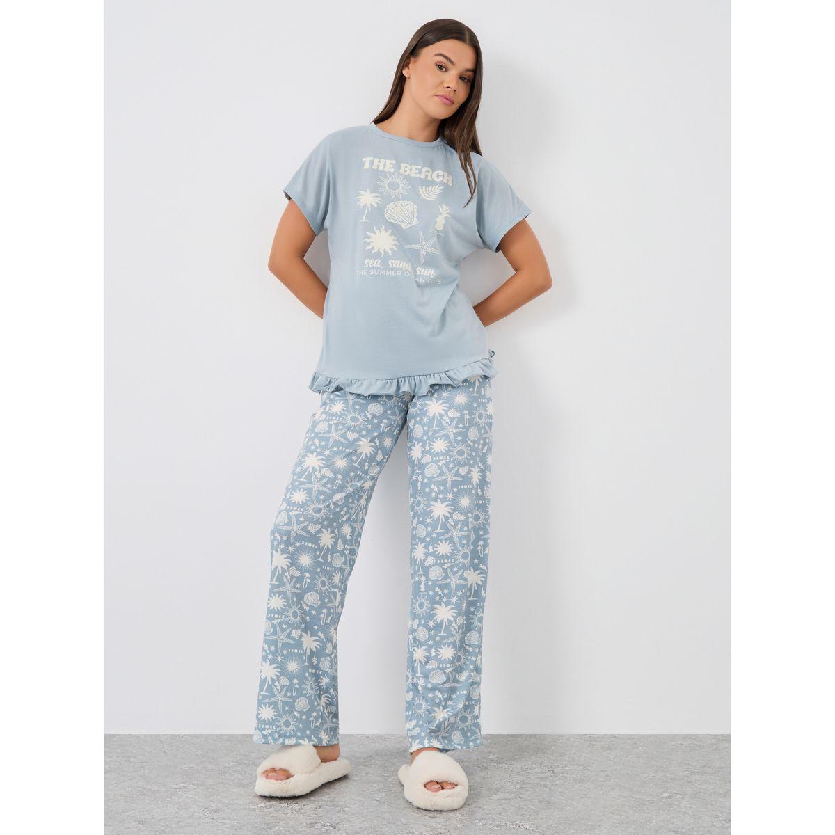 Styli Graphic Print Ruffle Hem T-Shirt and Pyjama Set-women-clothing-nightwear-pyjamas-longsets-image-1