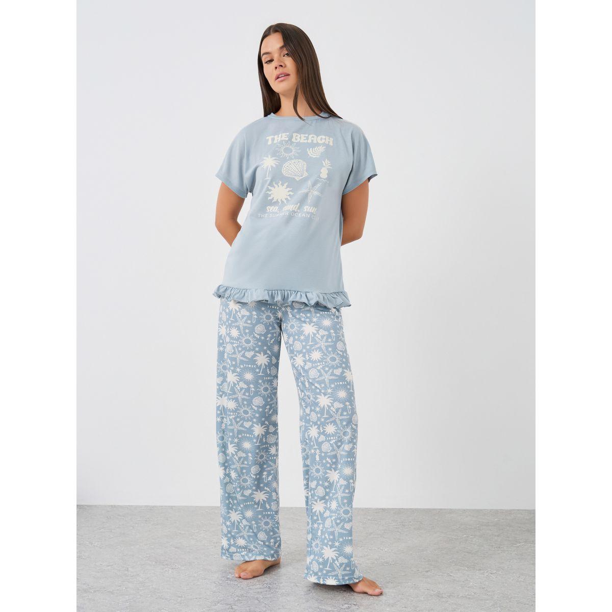 Styli Graphic Print Ruffle Hem T-Shirt and Pyjama Set-women-clothing-nightwear-pyjamas-longsets-image-2
