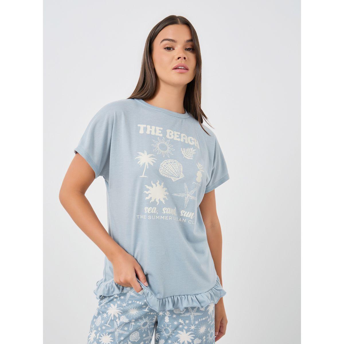 Styli Graphic Print Ruffle Hem T-Shirt and Pyjama Set-women-clothing-nightwear-pyjamas-longsets-image-3