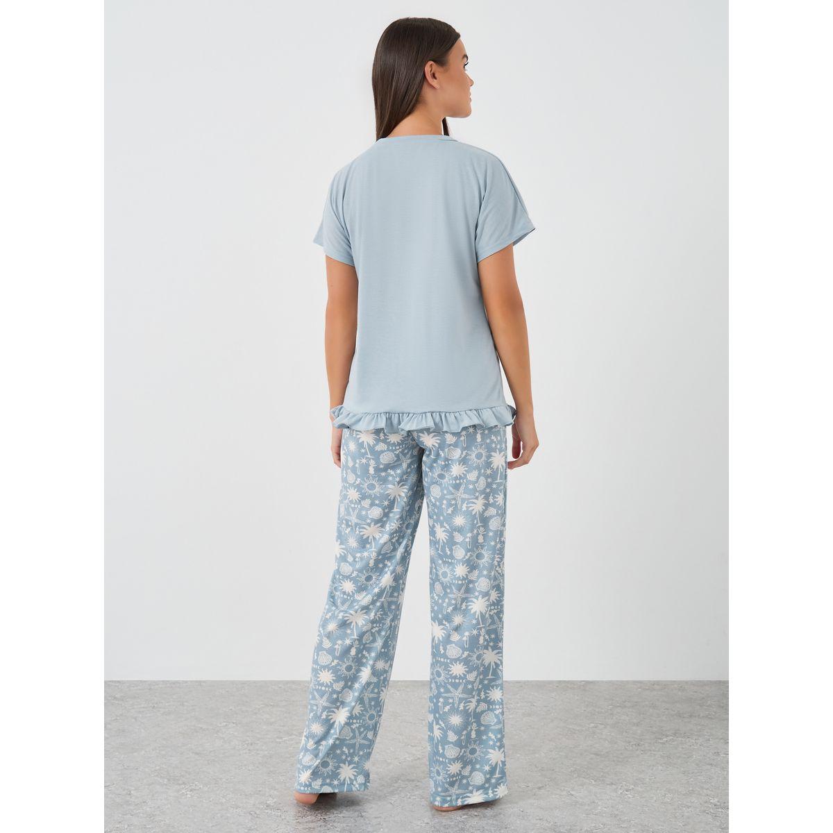 Styli Graphic Print Ruffle Hem T-Shirt and Pyjama Set-women-clothing-nightwear-pyjamas-longsets-image-7