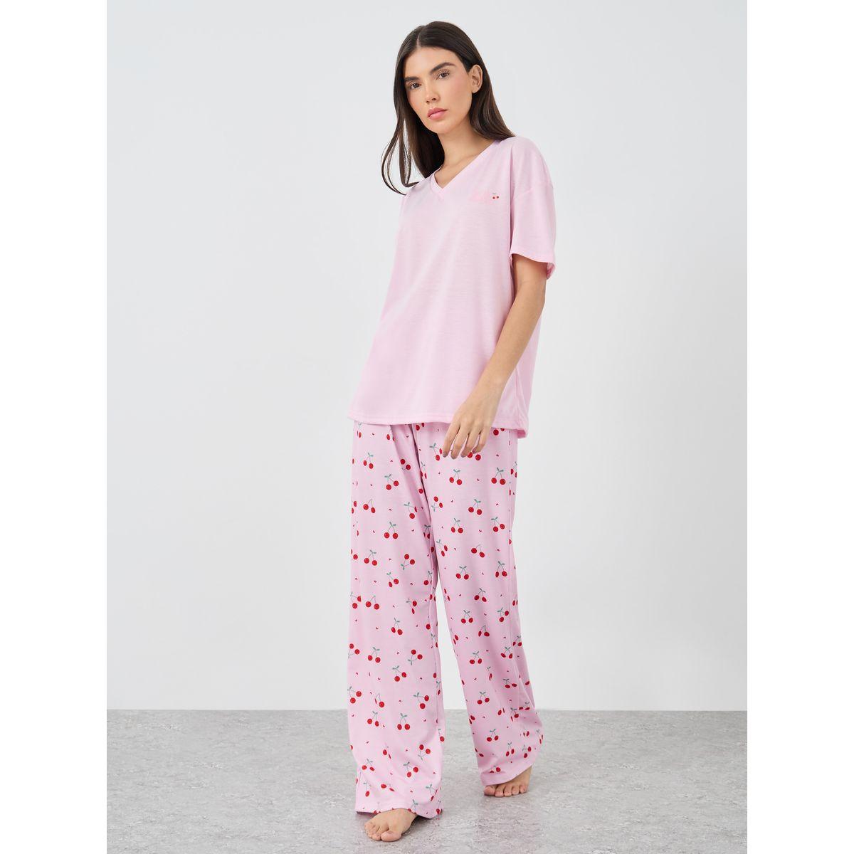 Styli Cherry Print V-Neck T-Shirt and Printed Pyjama Set-women-clothing-nightwear-pyjamas-longsets-image-1