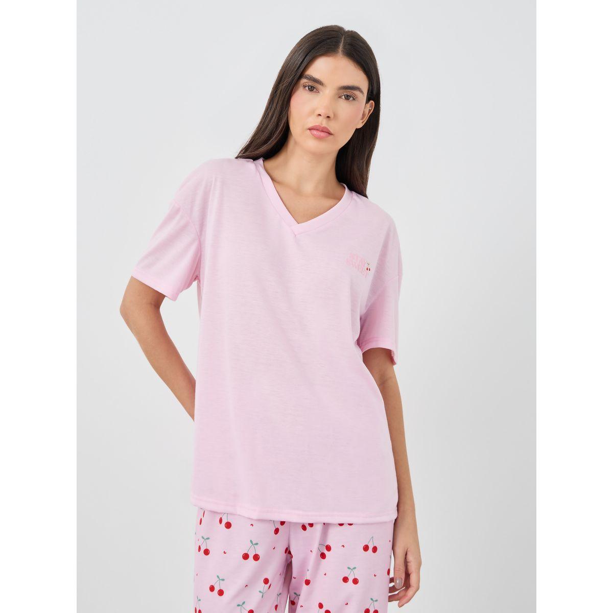 Styli Cherry Print V-Neck T-Shirt and Printed Pyjama Set-women-clothing-nightwear-pyjamas-longsets-image-2