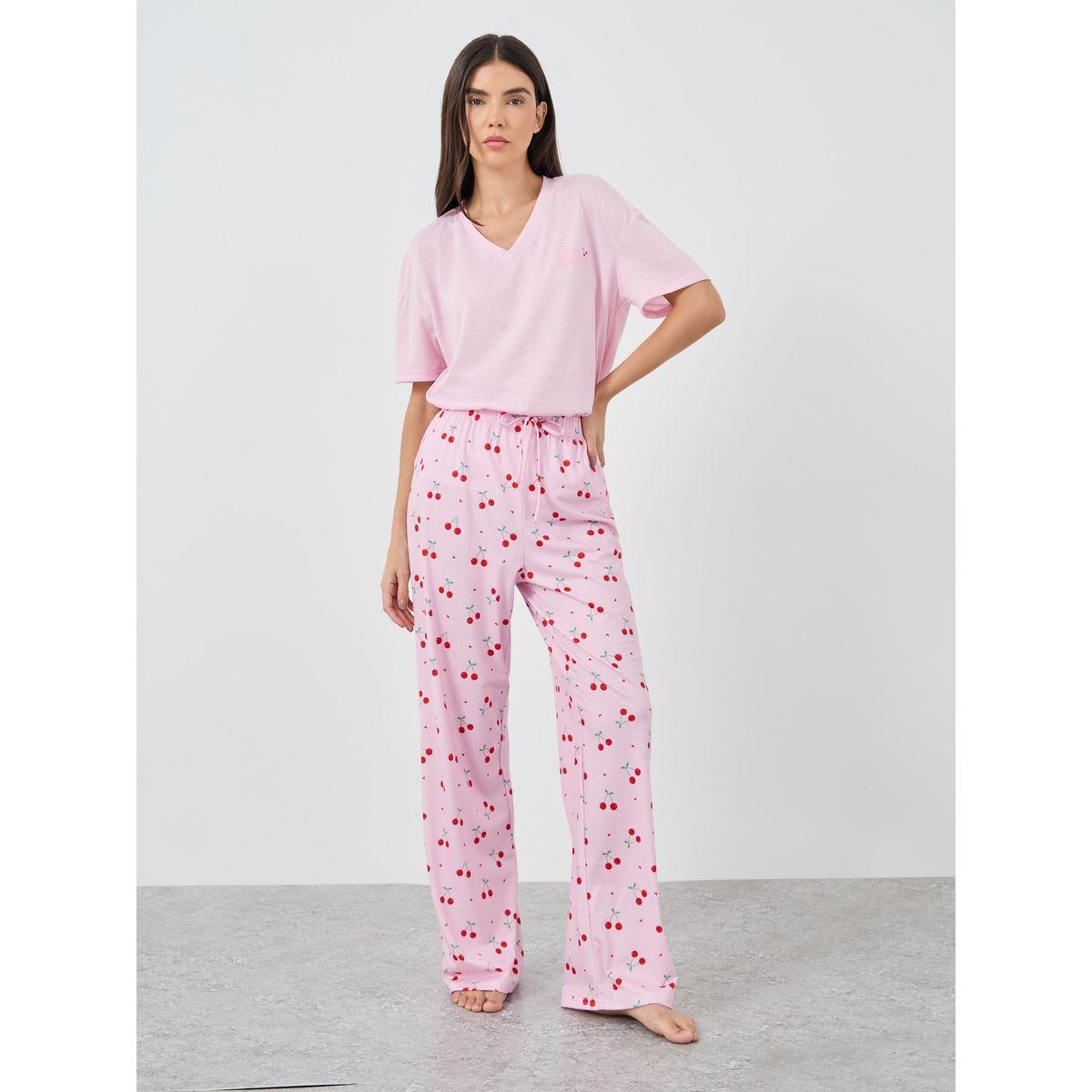 Styli Cherry Print V-Neck T-Shirt and Printed Pyjama Set-women-clothing-nightwear-pyjamas-longsets-image-4