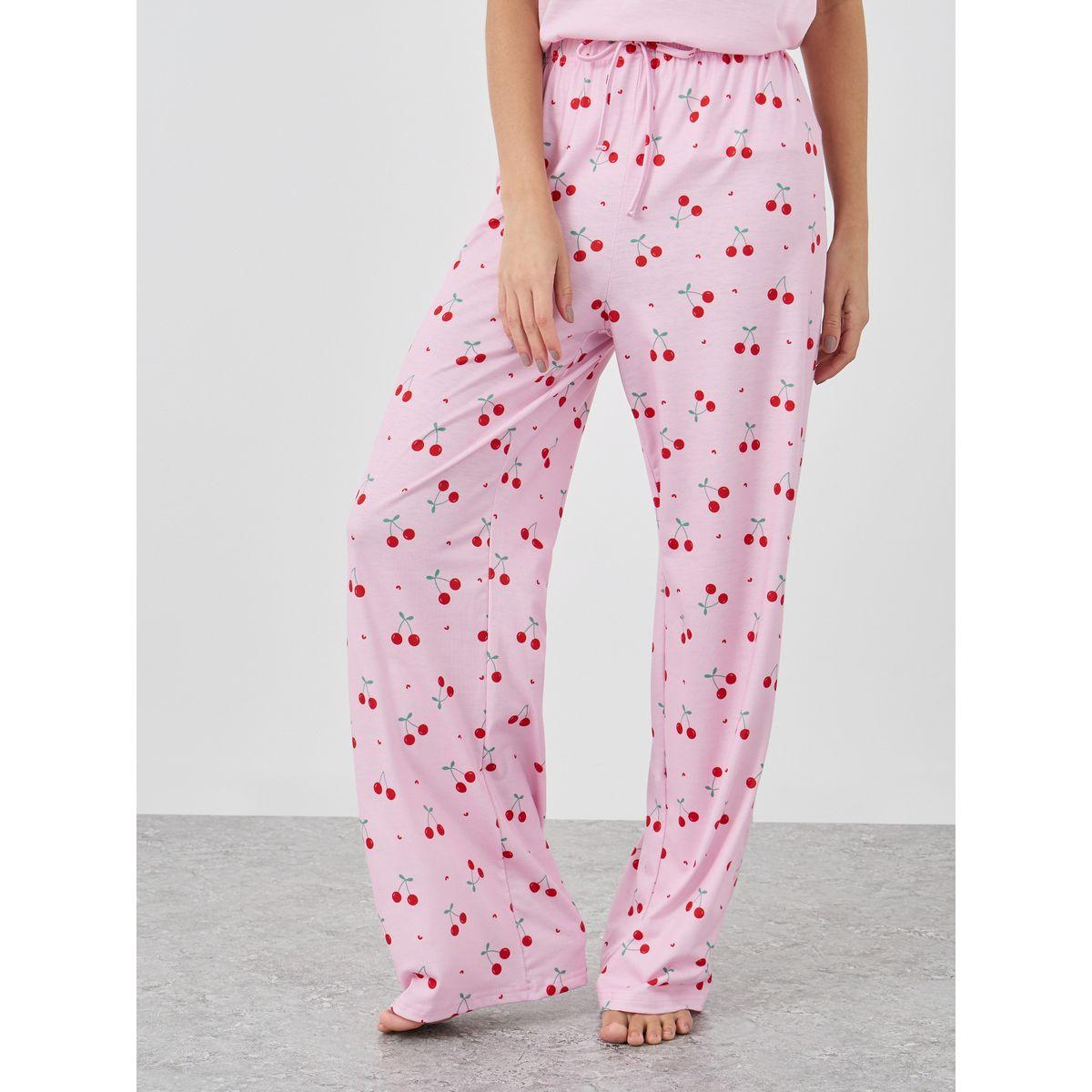 Styli Cherry Print V-Neck T-Shirt and Printed Pyjama Set-women-clothing-nightwear-pyjamas-longsets-image-5