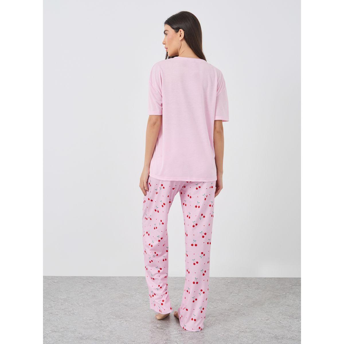 Styli Cherry Print V-Neck T-Shirt and Printed Pyjama Set-women-clothing-nightwear-pyjamas-longsets-image-6