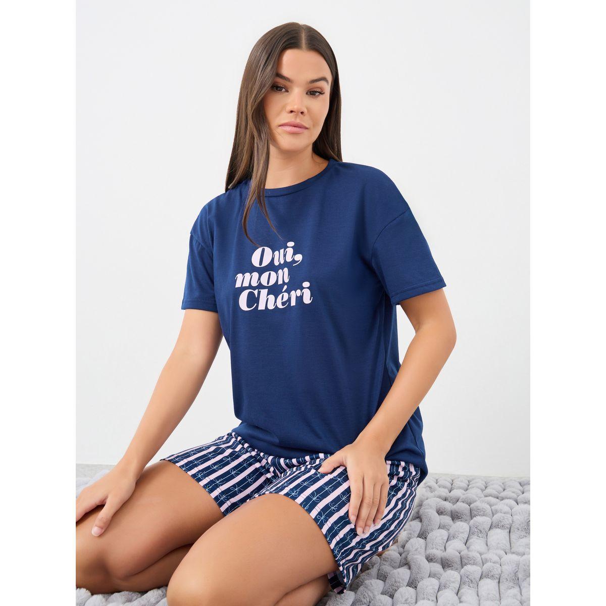 Styli Slogan Print T-Shirt and Striped Shorts Pyjama Set-women-clothing-nightwear-pyjamas-shortsets-image-1