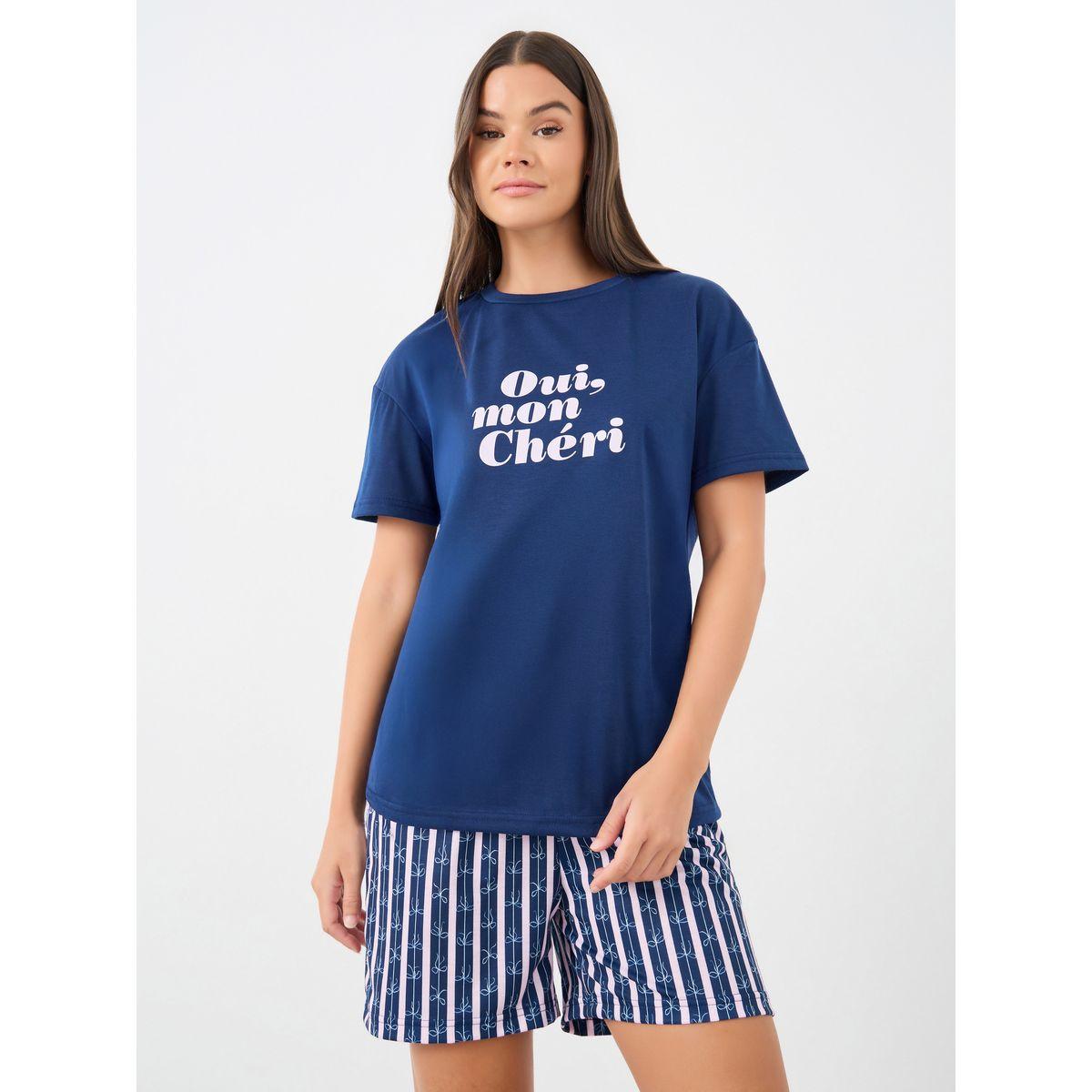 Styli Slogan Print T-Shirt and Striped Shorts Pyjama Set-women-clothing-nightwear-pyjamas-shortsets-image-2