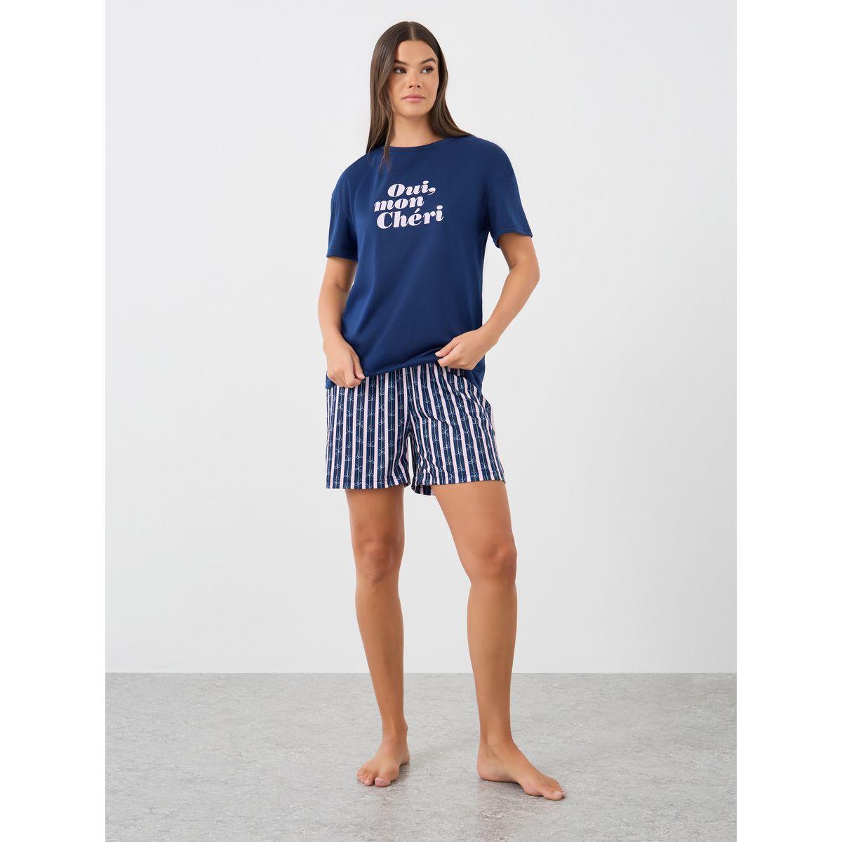 Styli Slogan Print T-Shirt and Striped Shorts Pyjama Set-women-clothing-nightwear-pyjamas-shortsets-image-4