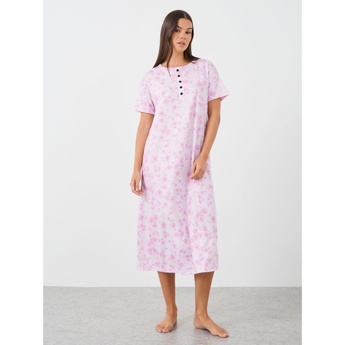 Styli All-Over Print Short Sleeve Buttoned Night Dress-women-clothing-nightwear-nighties-image-1