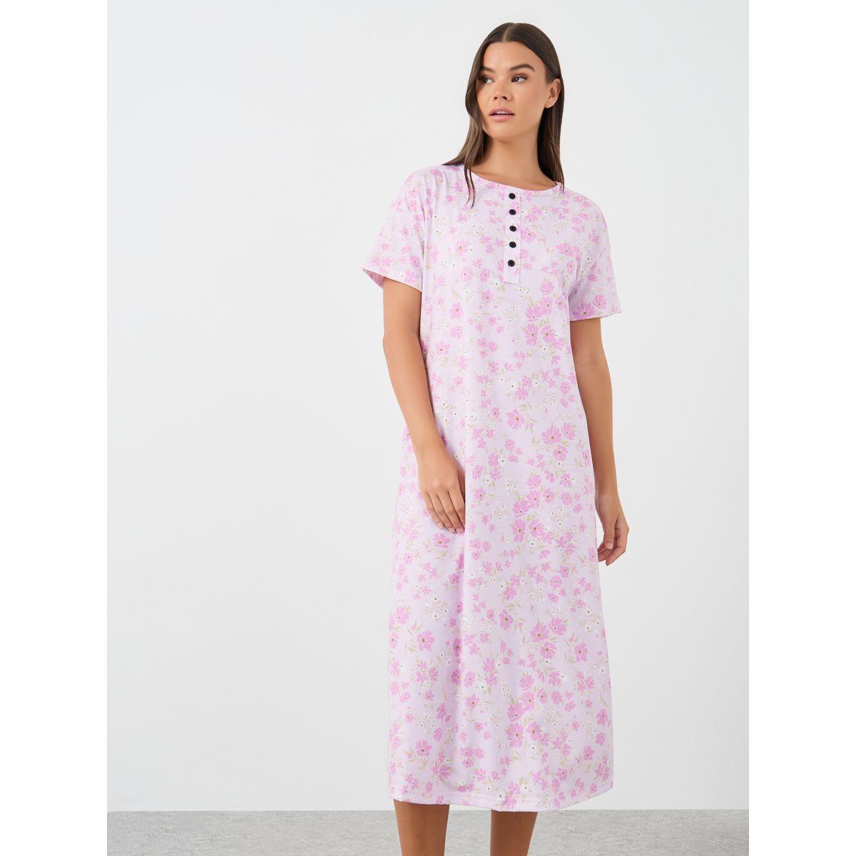 Styli All-Over Print Short Sleeve Buttoned Night Dress-women-clothing-nightwear-nighties-image-2