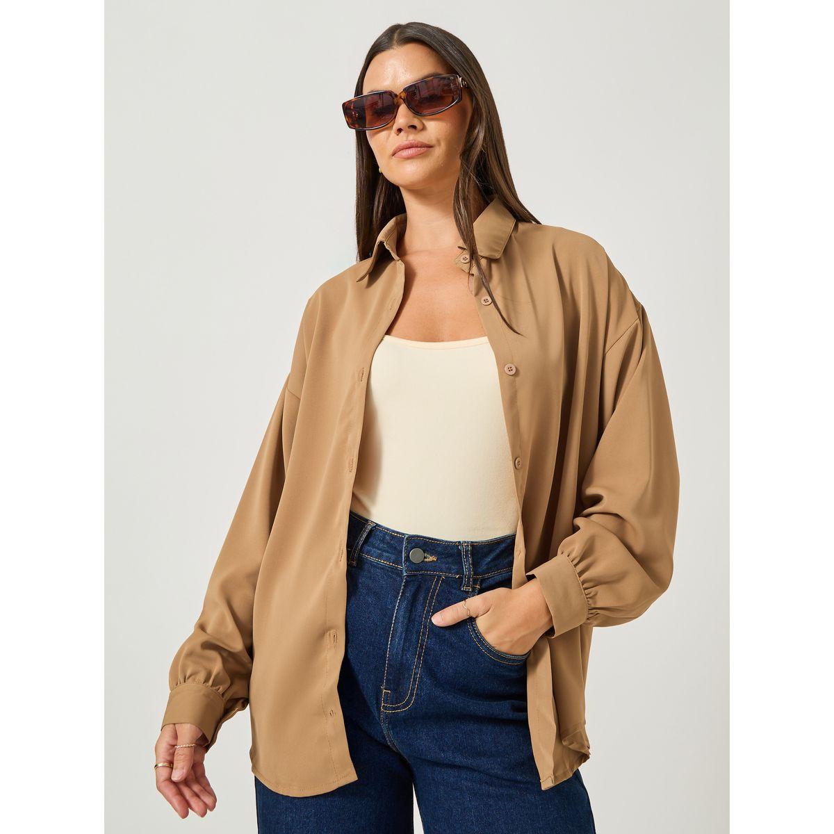 Styli Solid Balloon Sleeve Oversized Shirt-women-clothing-shirtsandblouses-shirts-image-1