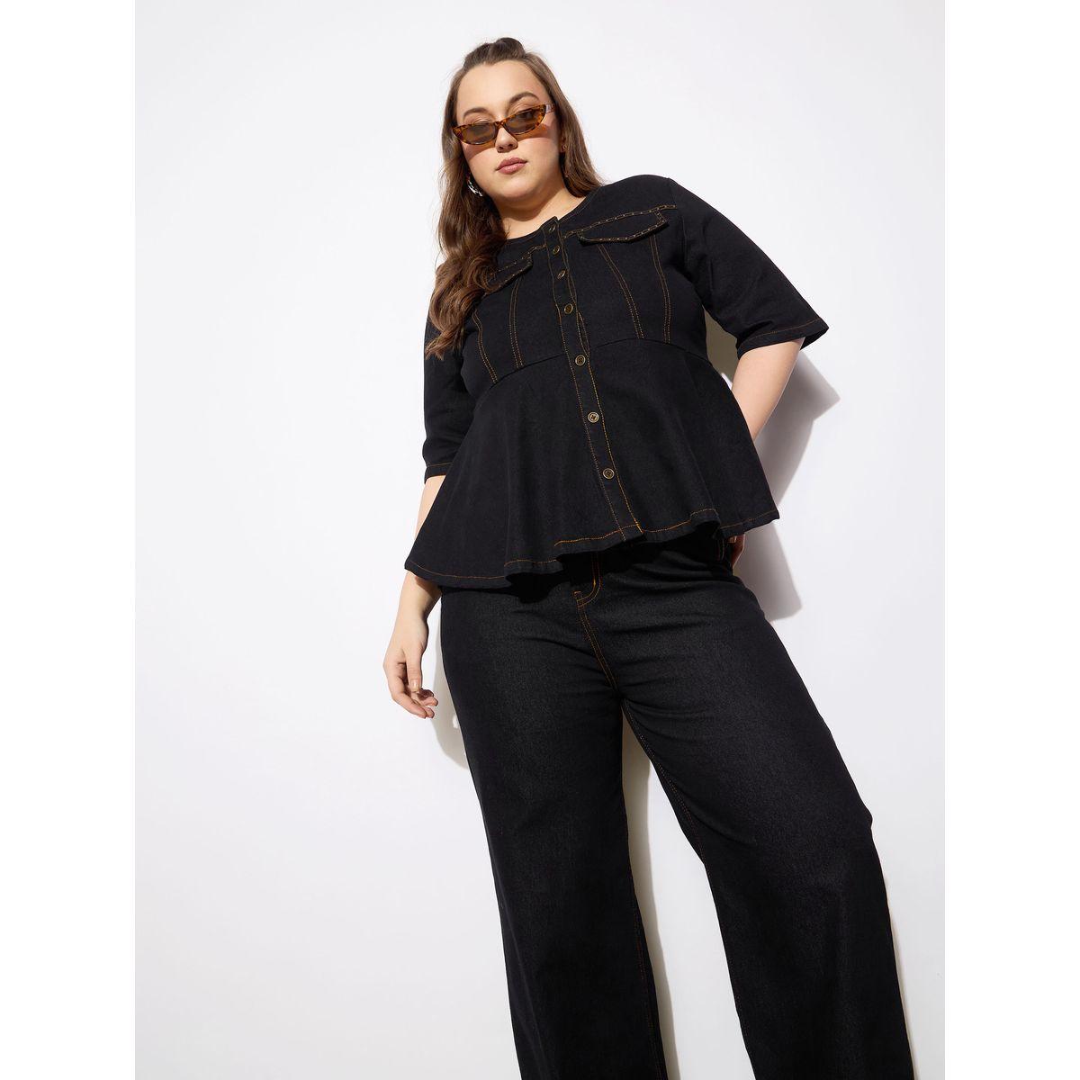 Sassafras Plus Size Plain Denim Peplum Top and Jeans Co-Ords-women-clothing-dresses-image-1