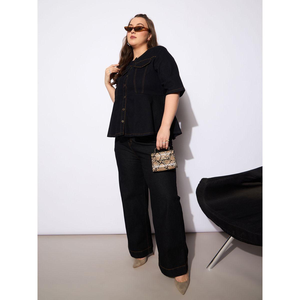 Sassafras Plus Size Plain Denim Peplum Top and Jeans Co-Ords-women-clothing-dresses-image-2