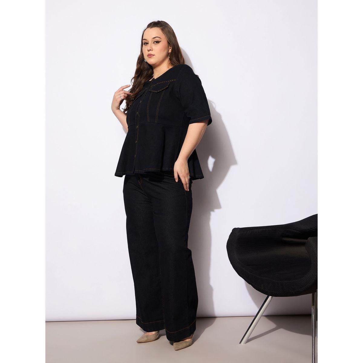 طقم منسق من جينز وبلوزة بيبلوم دنيم بمقاس كبير-women-clothing-dresses-image-3