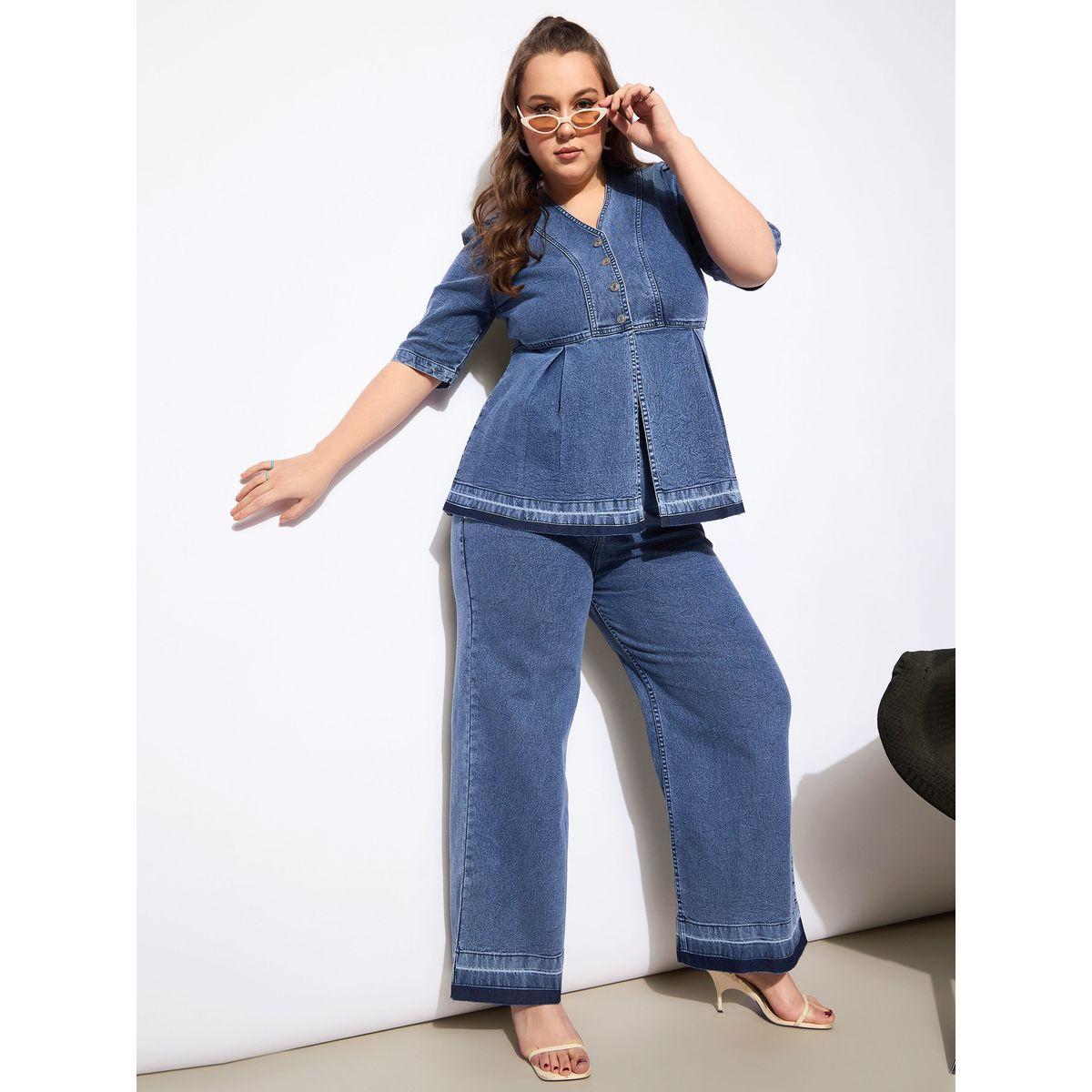 Sassafras Plus Size Solid V Neck Denim Metal Button Peplum Top and Jeans Co-Ords-women-clothing-dresses-image-1