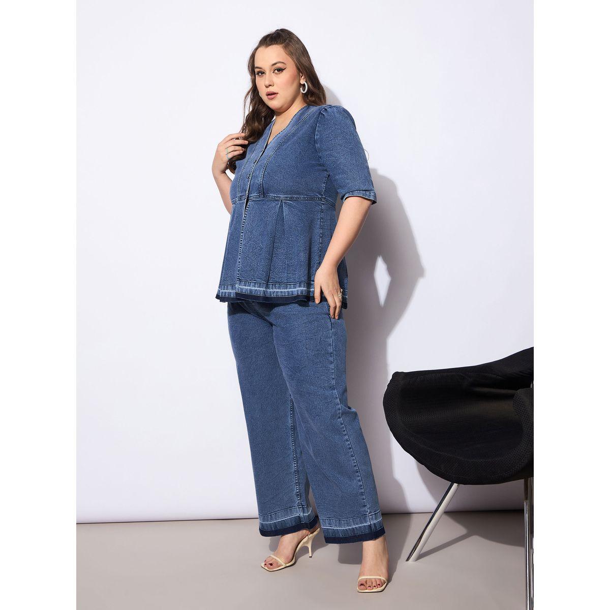 طقم منسق من جينز وبلوزة بيبلوم سادة بمقاس كبير-women-clothing-dresses-image-3
