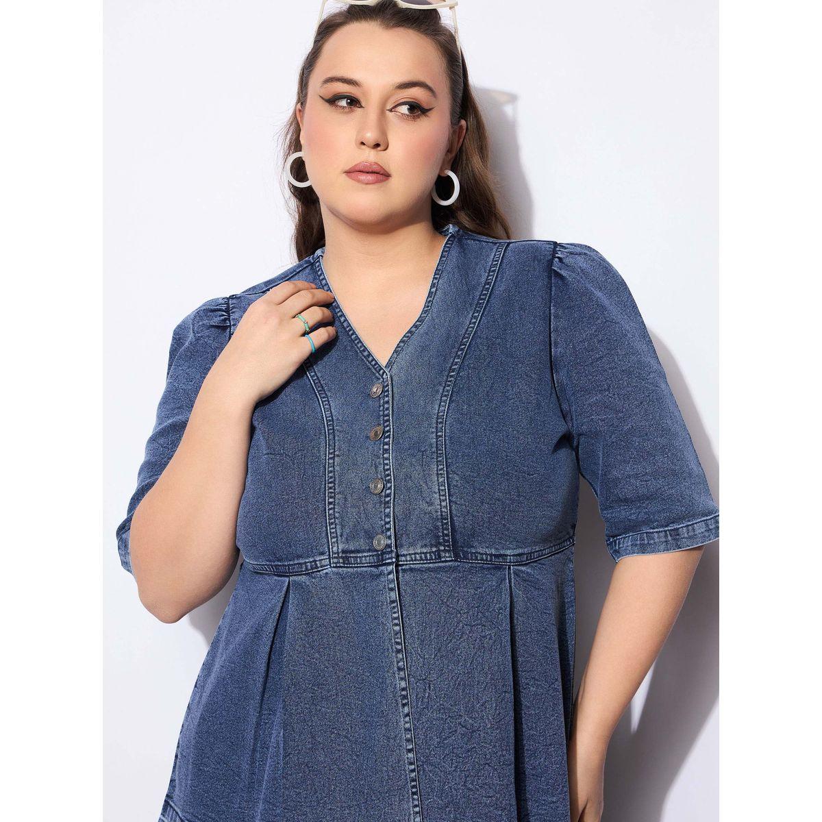 طقم منسق من جينز وبلوزة بيبلوم سادة بمقاس كبير-women-clothing-dresses-image-4